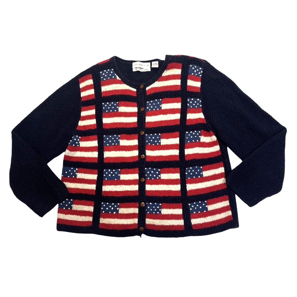 VTG Marisa Christina Hand-Knitted AMERICAN FLAG SWEATER CARDIGAN Navy Blue SZ L